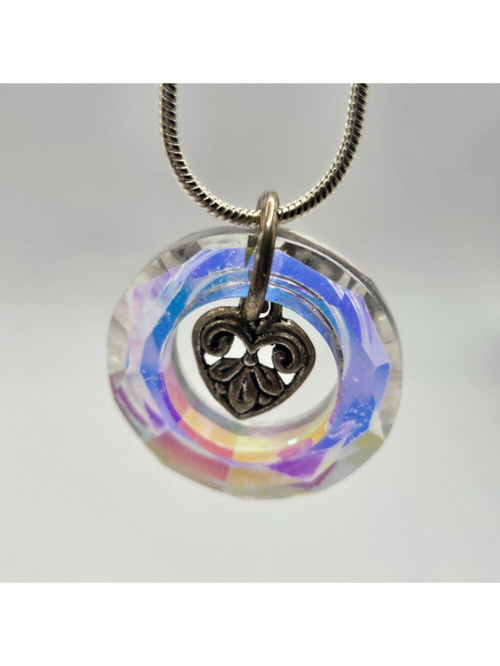 Faceted Crystal Pendant Necklace Sterling Silver Heart Charm Chain